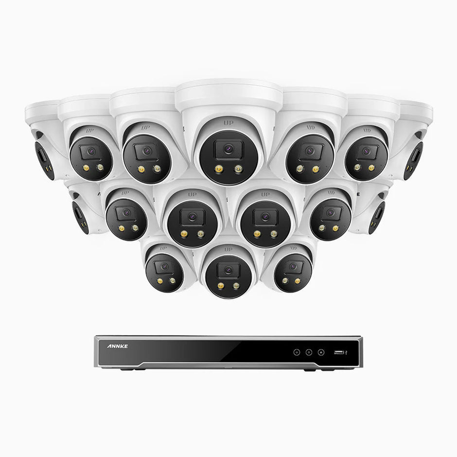 H800X - 16-channel PoE video surveillance kit with 16 4K cameras with 1/1.8'' BSI sensor, f/1.6 aperture (0.003 Lux), siren and strobe alarm, two-way audio, person and vehicle detection, perimeter protection, works with Alexa