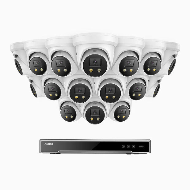 H800X - Kit videosorveglianza PoE a 16 canali con 16 telecamere 4K con sensore BSI da 1/1.8'', apertura f/1.6 (0.003 Lux), sirena e allarme stroboscopico, audio bidirezionale, rilevamento persone e veicoli, protezione perimetrale, funziona con Alexa